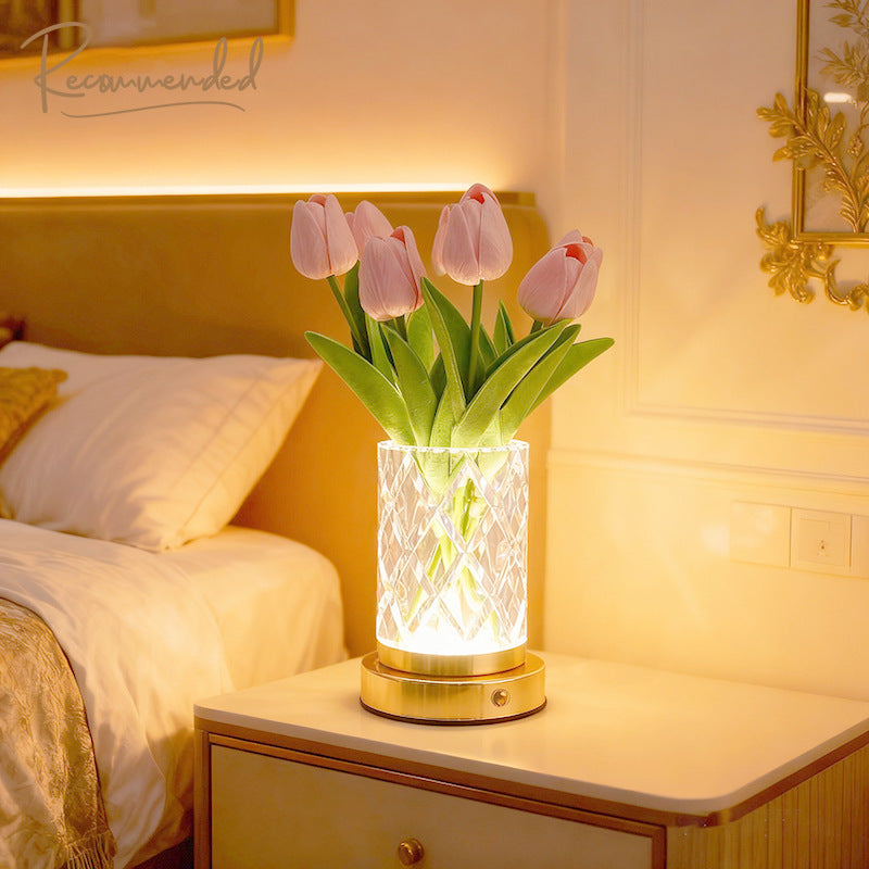 Rechargeable LED Crystal Vase Lamp – Touch Dimming & Elegant Floral Decor