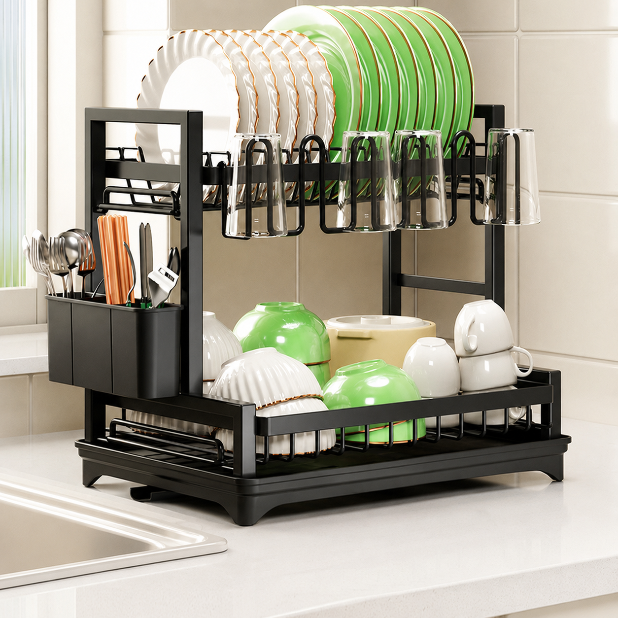 2-Tier Kitchen Dish Drying Rack & Organizer